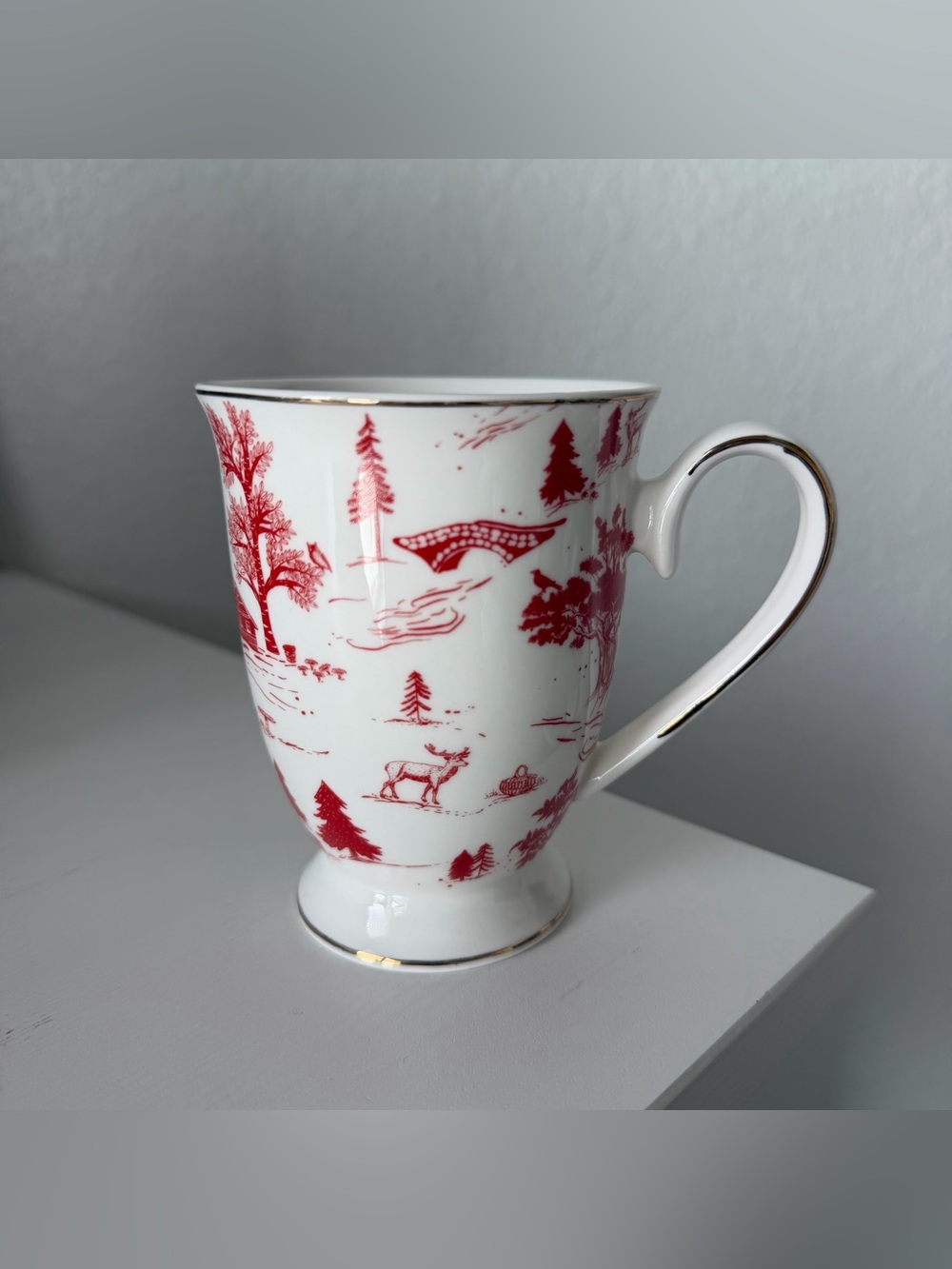 Grace Teaware Red Village Footed White Cup Toile Winter Scene House Forest Deer